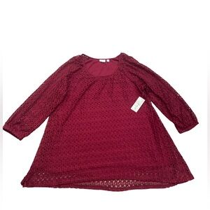Kim Rogers Burgundy 3/4 Sleeve Lace Overlay Blouse Women's Top Size XL